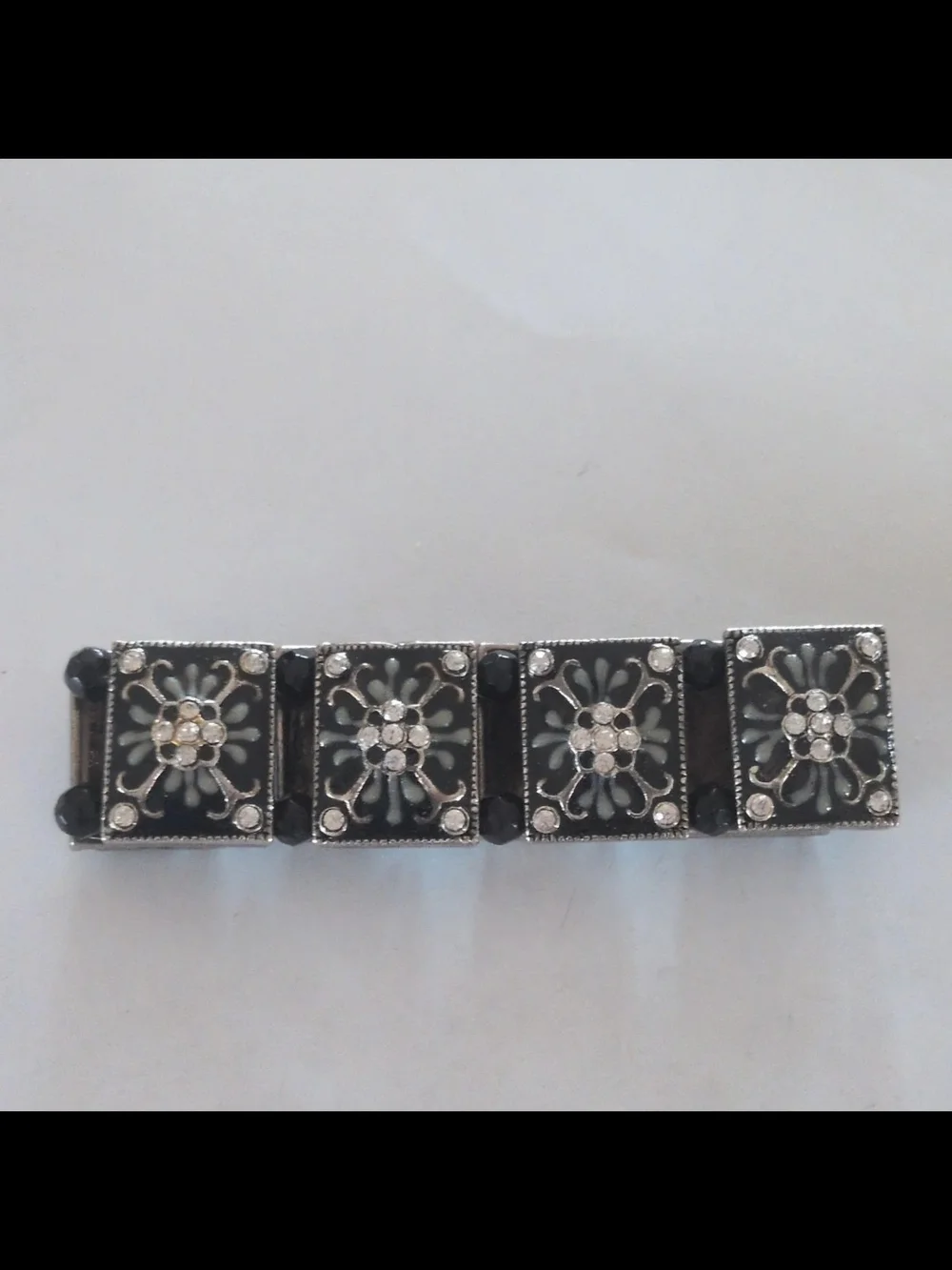 Black Floral Square Stretch Bracelet with Crystal Accents